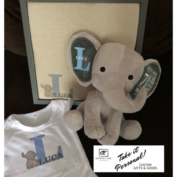 Announcement Elephant, Onesie, and Message Memo Board combo